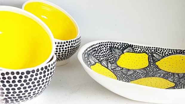 Pottery pieces by Deb Cotter the Potter (bowls $48, medium plates $35, large plates $125).
