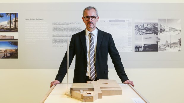 Michael Brand, Director of the Art Gallery of NSW with designs for the Sydney Modern project.