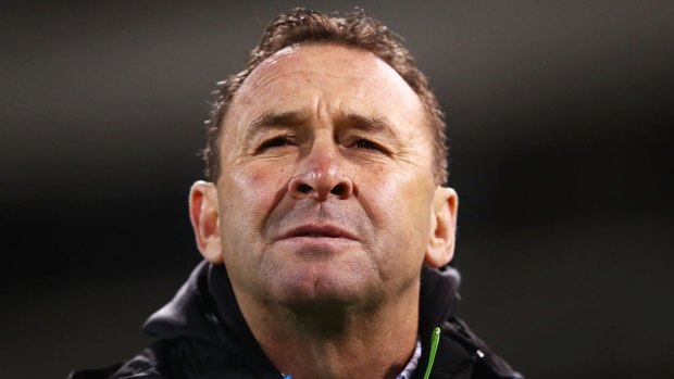 Intense: Raiders Coach, Ricky Stuart looks on during the round 18 match between the Raiders and the Cowboys.