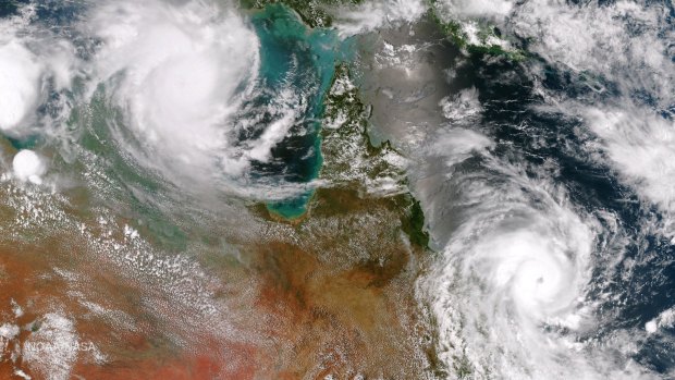 Tropical cyclones Lam and Marcia over Australia in February 2015 in imagery supplied from the US.