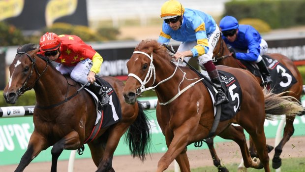 Magic time: Bondi (inside) chases home Performer in the Breeders Plate