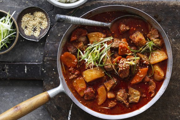 The gochujang and gochugaru add mild sweet spice to this stew.