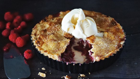 Rhubarb, raspberry and rosewater pie.