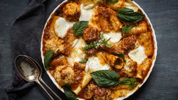 Parmigiana pasta bake with cauliflower balls.