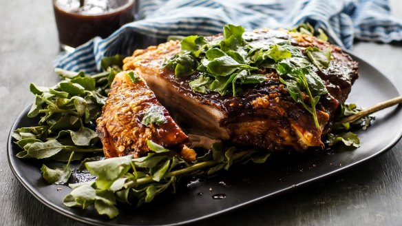 Pork belly with saltbush and pinot and plum sauce.