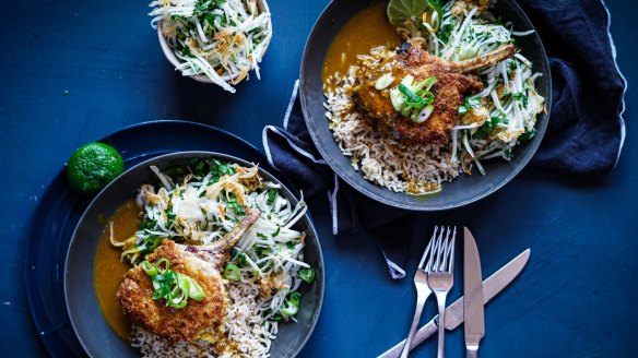 Tonkatsu (crumbed pork cutlets) with Japanese curry sauce, rice and slaw.