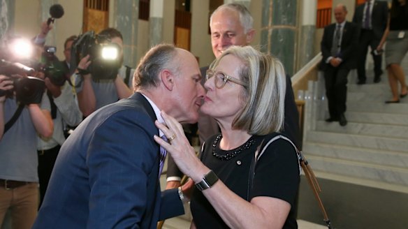 Senator Eric Abetz greets Prime Minister Malcolm Turnbull and Lucy Turnbull last week.