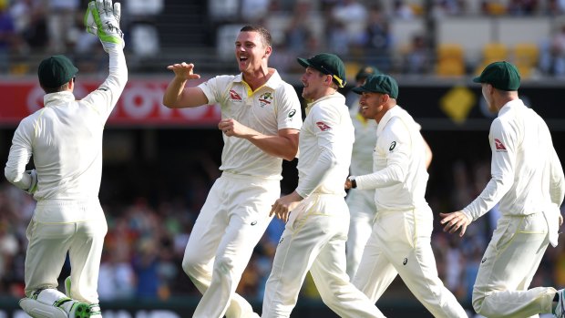 Finding his groove: Australia and Josh Hazlewood celebrate his dismissal of James Vince for 2 runs.