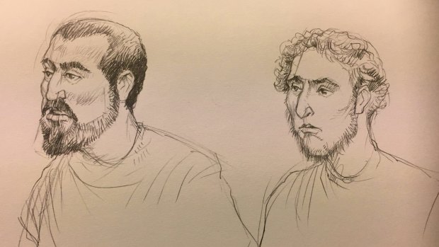 A artist's sketch of Hamza Abbas, on left, and Ahmed Mohamed facing the Melbourne Magistrates Court.
