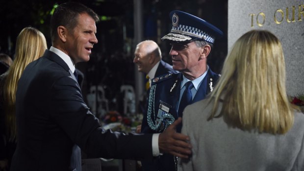 NSW Premier Mike Baird, left, and Police Commissioner Andrew Scipione at the Anzac Day Dawn Service at Martin Place. 
