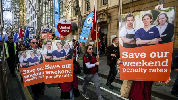 A rally organised by the ACTU marches against the continued attacks against penalty rates for workers last year.