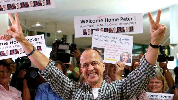 Australian journalist Peter Greste arrives home at Brisbane Airport on February 5, 2015. 