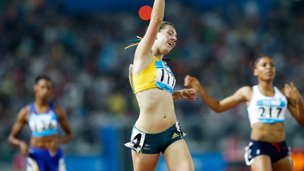 On the way up:  Jessica Thornton celebrates after winning the women's 400m final at the Summer Youth Olympic Games. 