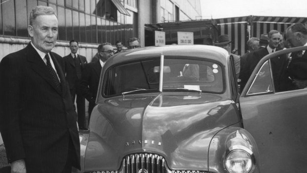 Then prime minister Ben Chifley in 1948, with the Holden generally known as the  FX.