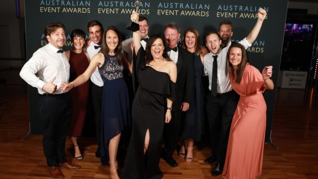 The Fairfax Media Events team accepting the best sports event award for the Sun-Herald City2Surf, presented by Westpac, at the Australian Event Awards night on the Sunshine Coast in Queensland on September 13, 2017.