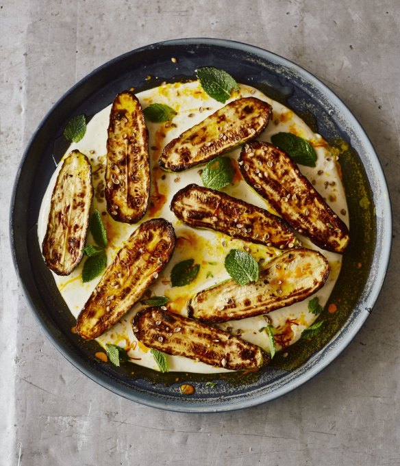 Grilled courgettes with warm yoghurt and saffron butter.