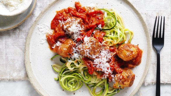 Chickpea meatballs with zucchini noodles.