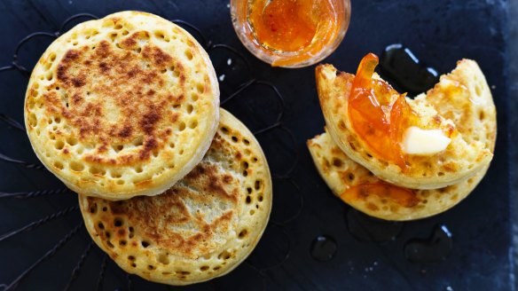 Buttered crumpets with grapefruit and cardamom marmalade (recipe below).