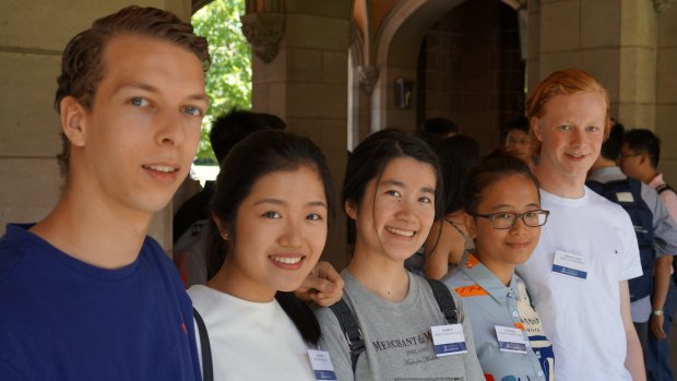 Students who attained ATARs of 99.9 or higher gather at University of Melbourne's Old Quad: Max Collett, Katie Yang, Jiao Mei He, Liu Xin Zhang and Alex Stella.