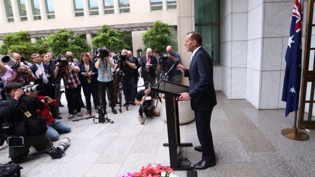 Prime Minister Tony Abbott during a press conference at Parliament House.