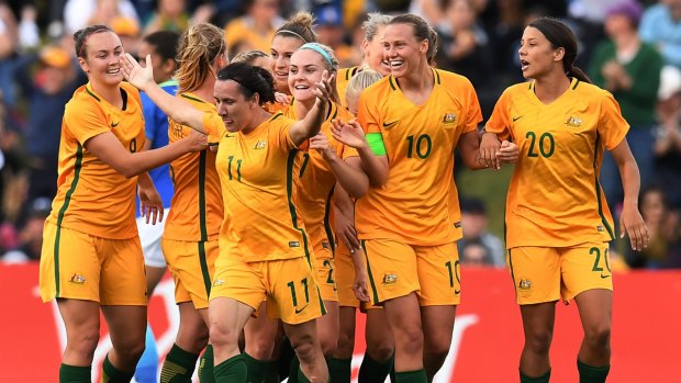Another notch: Lisa De Vanna's goal helped the Matildas to a 2-1 win against Brazil in Penrith.