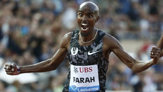 Mo Farah celebrates as he wins in Lausanne.