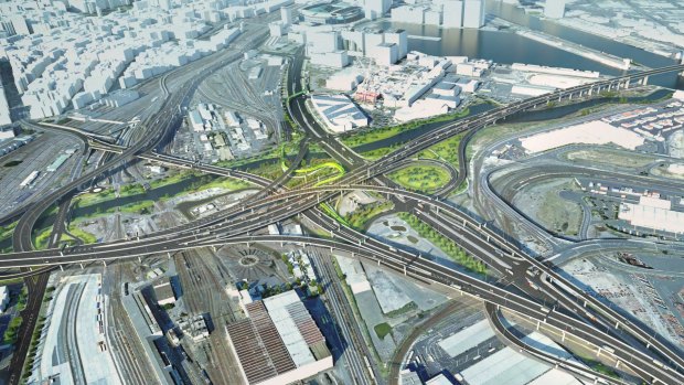 An artist's impression of the proposed series of flyovers to be built as part of the West Gate Tunnel. 