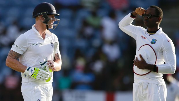 Silent send off: Marlon Samuels salutes Ben Stokes after the England all-rounder was dismissed cheaply in Grenada.