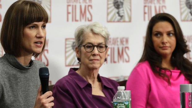 Rachel Crooks, left, Jessica Leeds, centre, and Samantha Holvey attend a news conference in New York to discuss their accusations of sexual misconduct against Donald Trump.