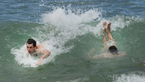 Jack O'Sullivan and Liam Grigg return to the water at Koonya Beach, Blairgowrie.