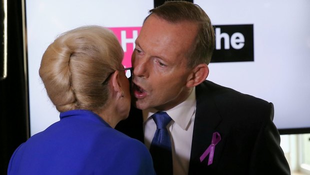 Prime Minister Tony Abbott greets Speaker Bronwyn Bishop at the UN Women breakfast at Parliament House in Canberra in March 2015.
