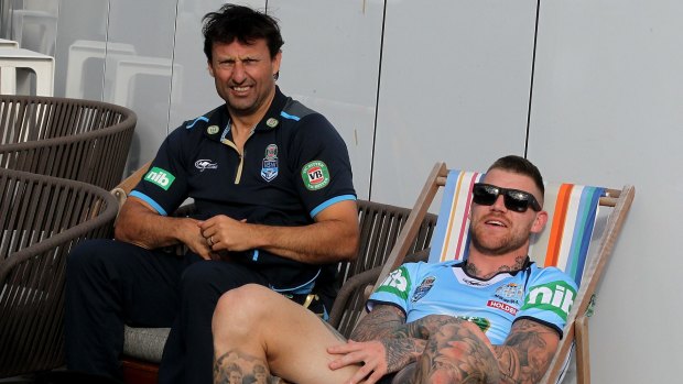 Strange bedfellows: Josh Dugan in Origin camp with Laurie Dayley, who inexplicably paired Dugan with Blake Ferguson as roommates. 