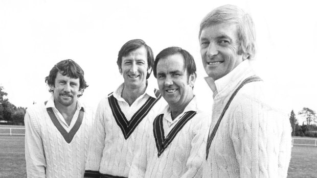 Richie Benaud (right) shows his stylish flair with (from left) Ian Chappell, Bill Lawry and Bob Simpson in 1977.