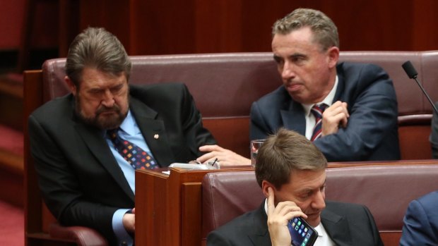 Senator Derryn Hinch is nudged by Kevin Hogan during the opening of the 45th Parliament at Parliament House in August. 