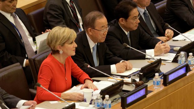 Minister for Foreign Affairs Julie Bishop speaks during the Friends of the Comprehensive Test Ban Treaty meeting with UN Secretary General Ban Ki-moon and Japanese Foreign Minister Fumio Kishida.