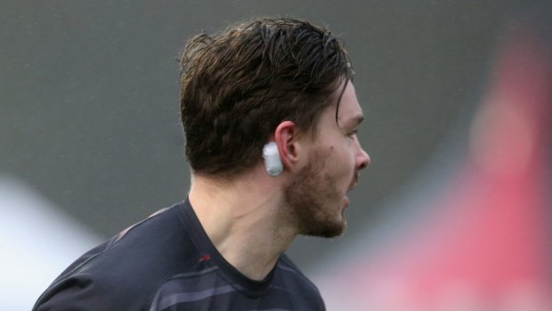Impact player: Ben Ransom of Saracens wears an impact sensor behind his ear in the match against London Irish on Saturday.