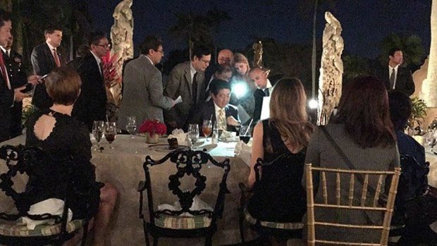 An impromptu security briefing held between Donald Trump and Japan Prime Minister Shinzo Abe at a Mar-a-Lago dining table.