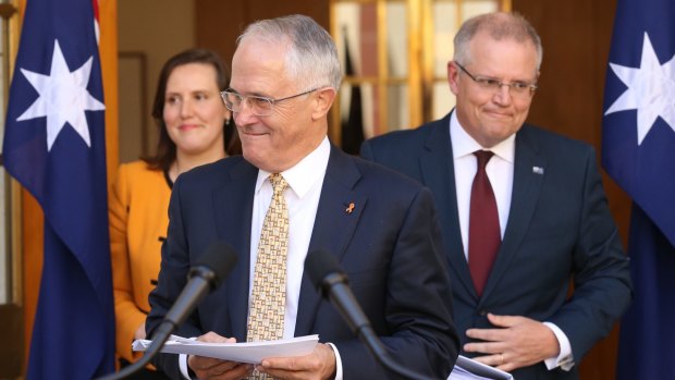 Prime Minister Malcolm Turnbull with Treasurer Scott Morrison and Kelly O'Dwyer, Minister for Small Business and Assistant Treasurer.