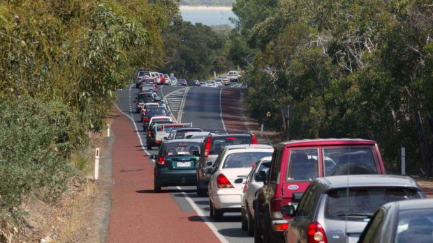 Traffic queues on the Great Ocean Road near Anglesea.