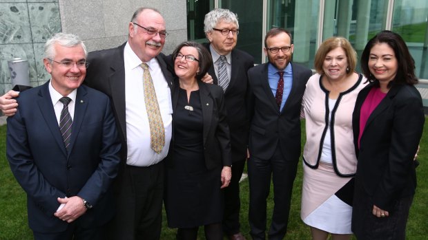 Warren Entsch with other MPs after he introduced a private member's bill on marriage equality with co-sponsers Andrew Wilkie, Cathy McGowan, Laurie Ferguson, Adam Bandt, Teresa Gambaro and Terri Butler.