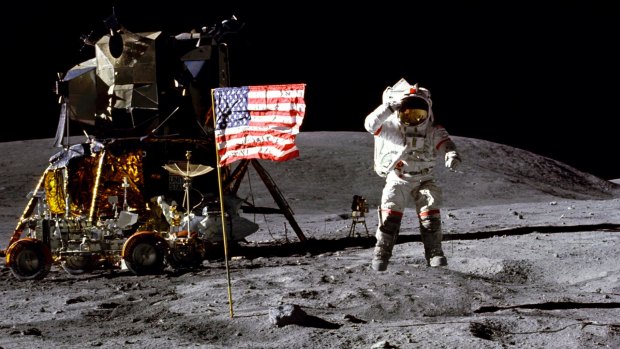 John Young salutes the US flag at the Descartes landing site on the moon during the first Apollo 16 extravehicular activity in 1972. 