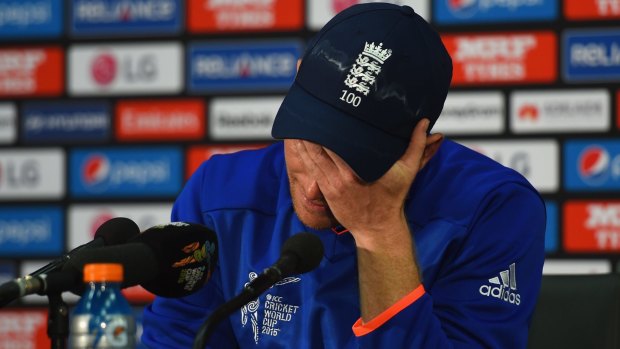 Captain calamity: England skipper Eoin Morgan looks dejected after his team was knocked out by Bangladesh.