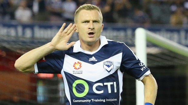 Victory's Besart Berisha after scoring a goal during the club's 3-0 win.