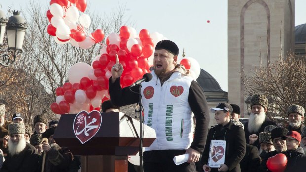 Chechen President Ramzan Kadyrov speaks at a rally against the publication of cartoons of the Prophet Mohammed by French weekly Charlie Hebdo, in the Chechen capital of Grozny.