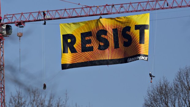 A Greenpeace protest banner in    Washington the day after the Trump administration invited TransCanada Corp to reapply for a permit for its Keystone XL project.