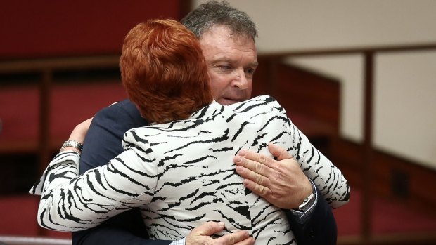 One Nation Senator Rod Culleton is congratulated by Pauline Hanson after giving his first speech in October.