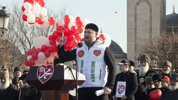 Angry: Chechen President Ramzan Kadyrov addresses the rally on Monday.