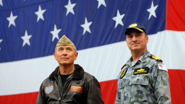 US Navy Admiral Harry Harris, left, and Australian Navy Vice Admiral David Johnston at the start of Talisman Saber 2017, a biennial joint military exercise between the United States and Australia in June.