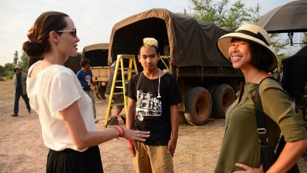 (From left) Jolie, Maddox Jolie-Pitt and Loung Ung during the making of First They Killed My Father.