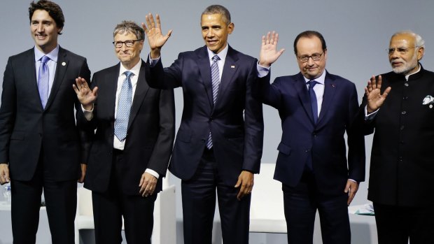 From the left, Canadian Prime Minister Justin Trudeau, Microsoft CEO Bill Gates, US President Barack Obama, French President Francois Hollande and Indian Prime Minister Narendra Modi.